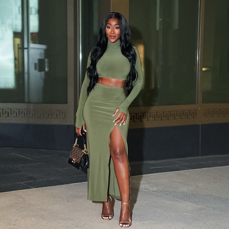 Women Autumn Long Sleeve Top and Slit Skirt Two Piece Set 3