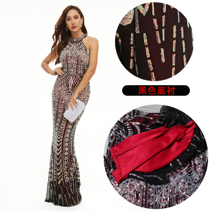 Floral Sequins Formal Party Evening Dress Long Luxurious And Sexy Halter Neck Fishtail Dress 11