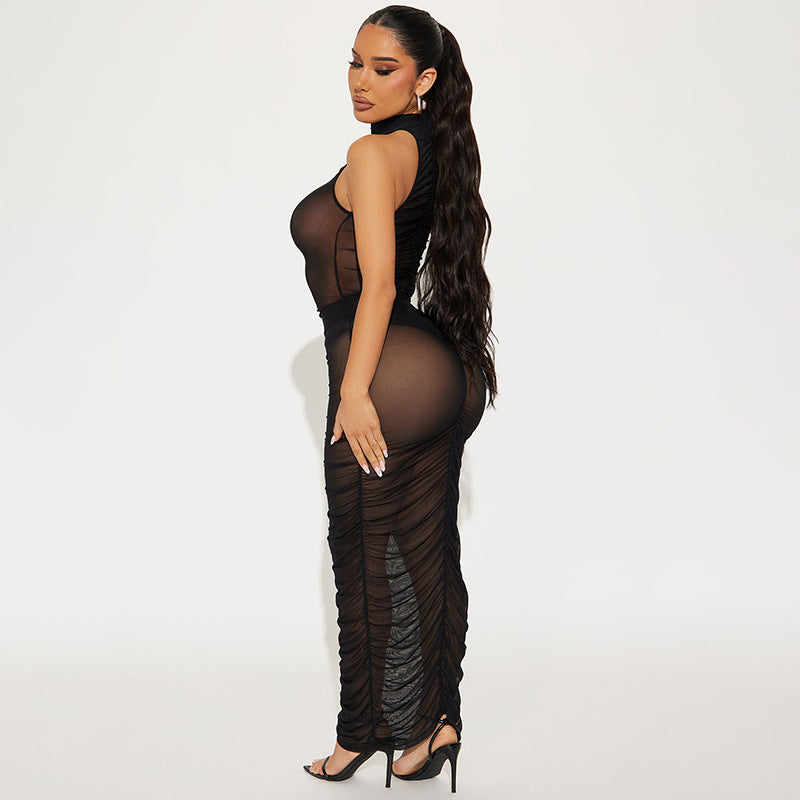 Spring Summer Women's Mesh See-Through Halter Neck Bodysuit Gathered Bodycon Skirt Set 5