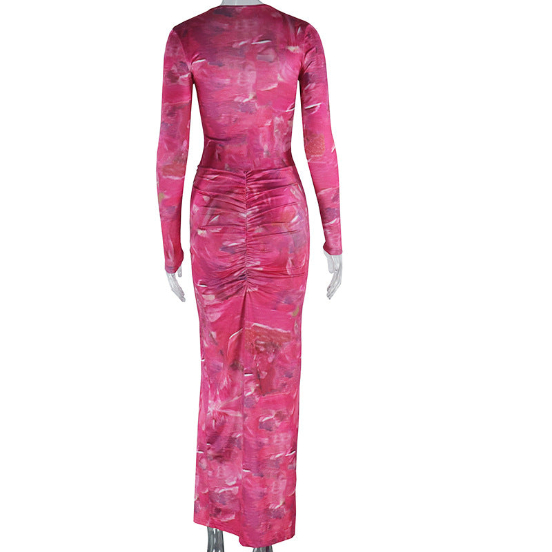 Women's Fashion Printed Sexy Hollow Long Sleeve Split Trendy Dress 8