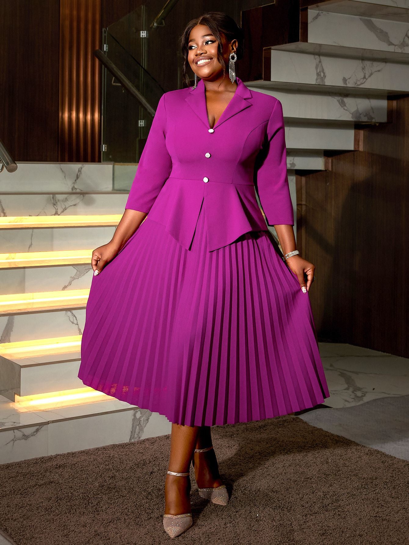 Women Turndown Collar pleated Formal Party pleated Dress 4