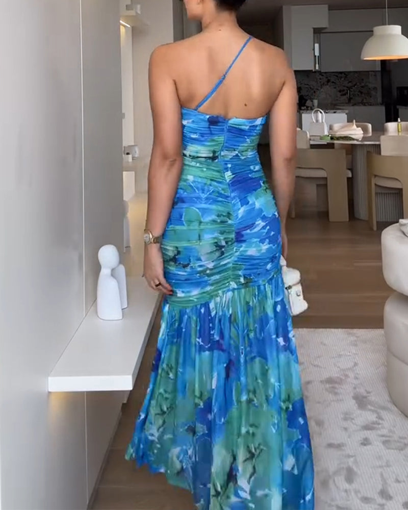 Summer Blue Contrast Floral One-shoulder Pleated Fishtail Dress 4