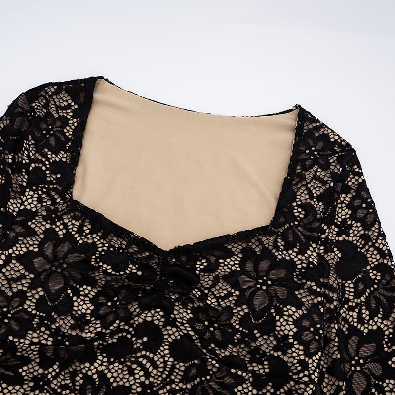 Women's Lace See-Through Long Sleeve Top & Tight Fitting Pants Two-Piece Set 22