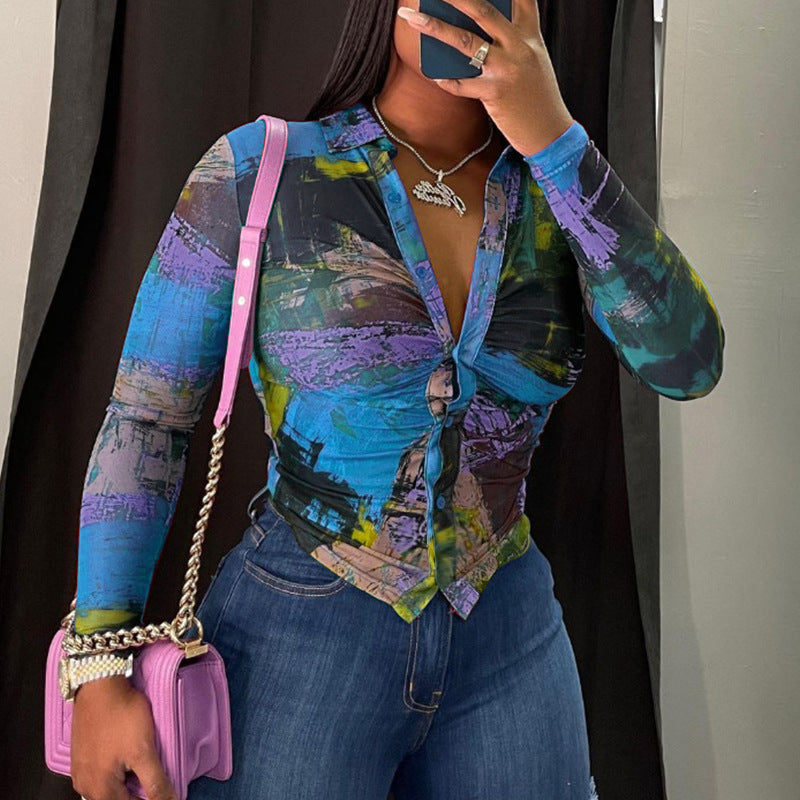 Autumn Fashion Sexy Multi-Color Long Sleeve Button Deep V neck Women shirt Top 3