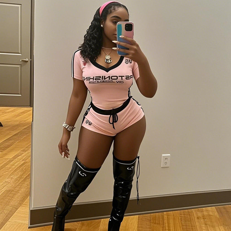 Women Spring Sexy Printed Short-sleeved V-neck Top And Lace-up Shorts Two Piece Set 4