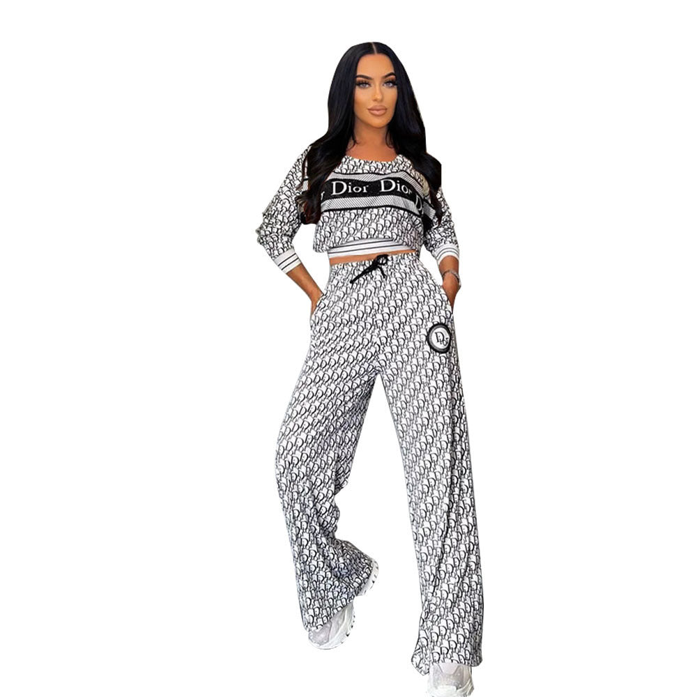 Women's Fashion Casual Trendy Ribbed Long Sleeve Loose Wide Leg Two-Piece Pants Set 9
