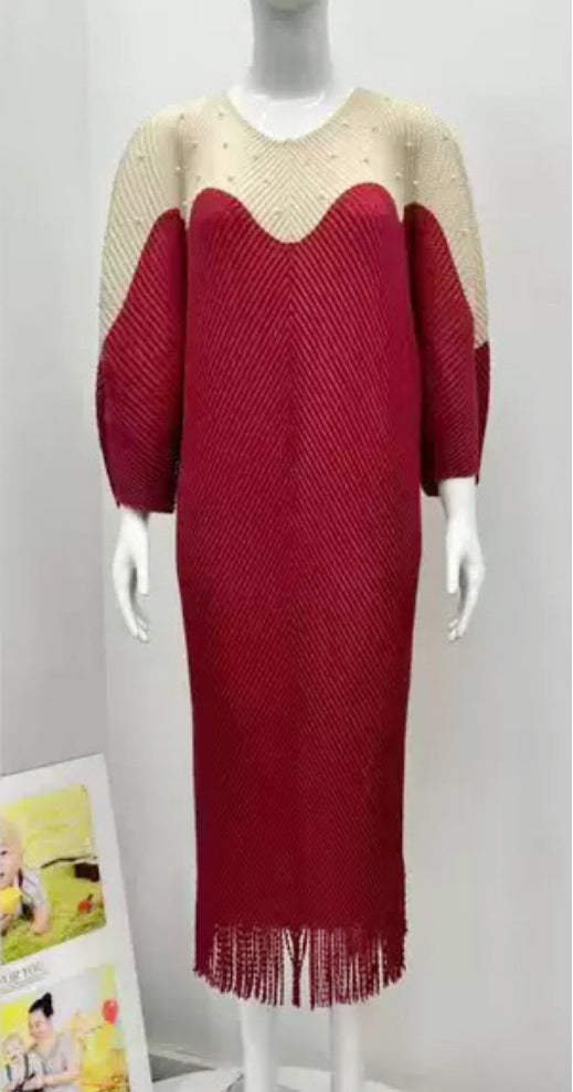 Beaded Plus Size African Fashion Bat Sleeve Color-Block Midi Loose Women's Dress 14