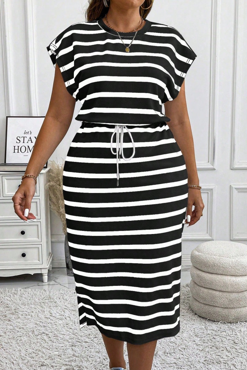 Women's Round Neck Stripe Print Drawstring Slim Waist Casual Dress 3