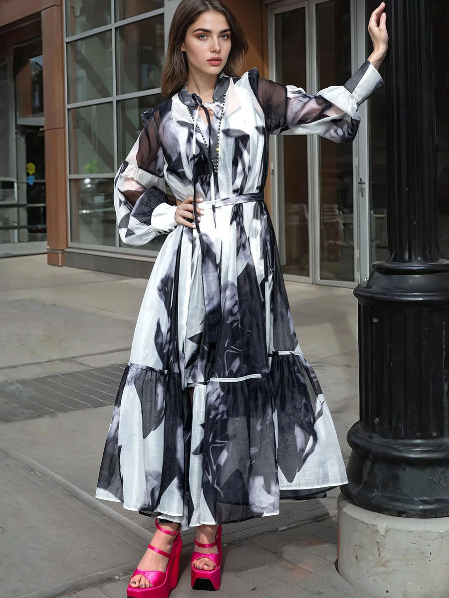 Women Vintage Paint Print Belt V-neck Long Sleeve Dress 5