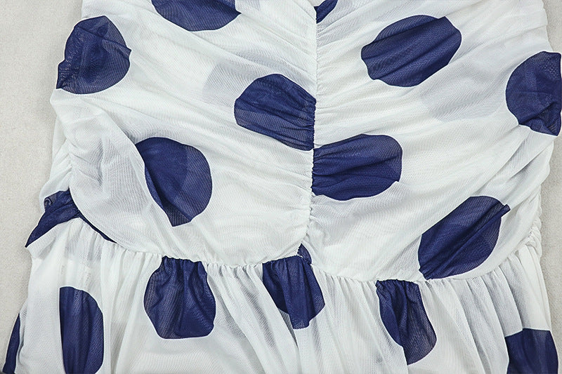 Black White Polka Dot Women's Slit Print Irregular High Neck Tie Low Back Dress 14