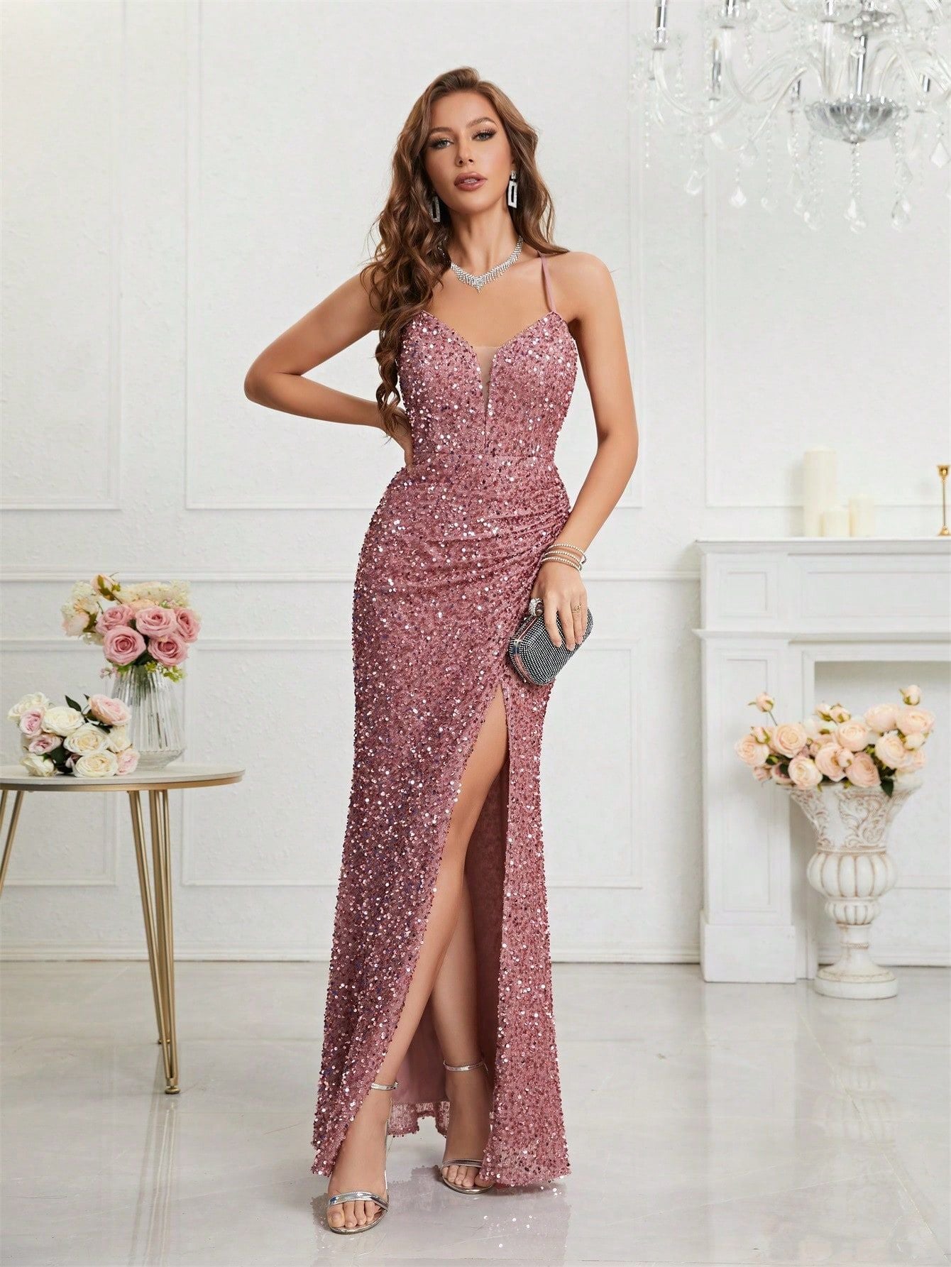 Women Formal Party v-neck sequined evening dress