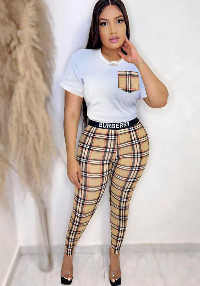 Women's Fashion Casual Striped Checkered Patchwork Pocket Two-Piece Pants Set