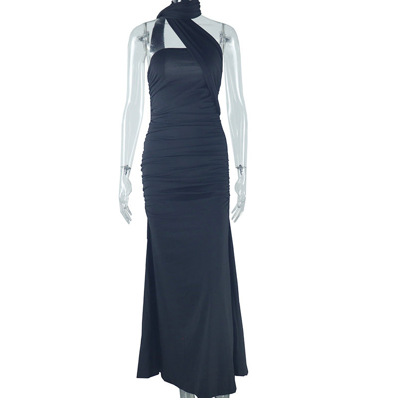 Women Sexy Backless Solid Halter Neck Slit Dress 11