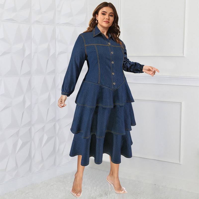 Plus Size Women's Denim Long Sleeve Turndown Collar layer Long Dress