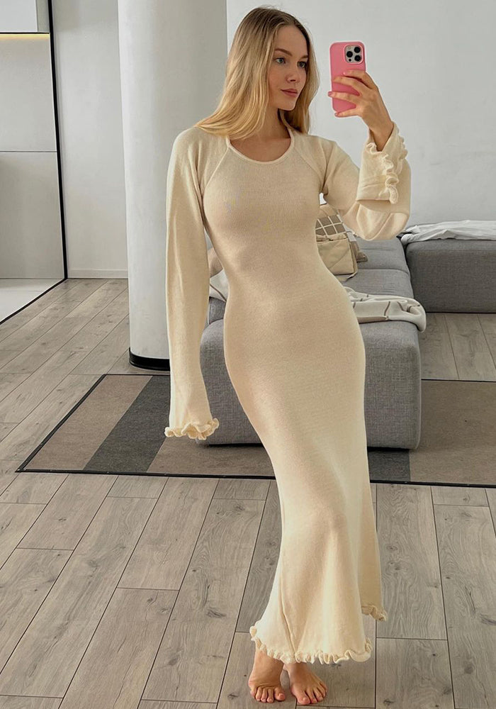 Women Sexy Backless Belt Bottom Sleeve Ruffle Edge Dress