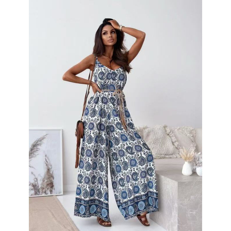 Women Summer Printed Suspender V-Neck Jumpsuit with Belt 8