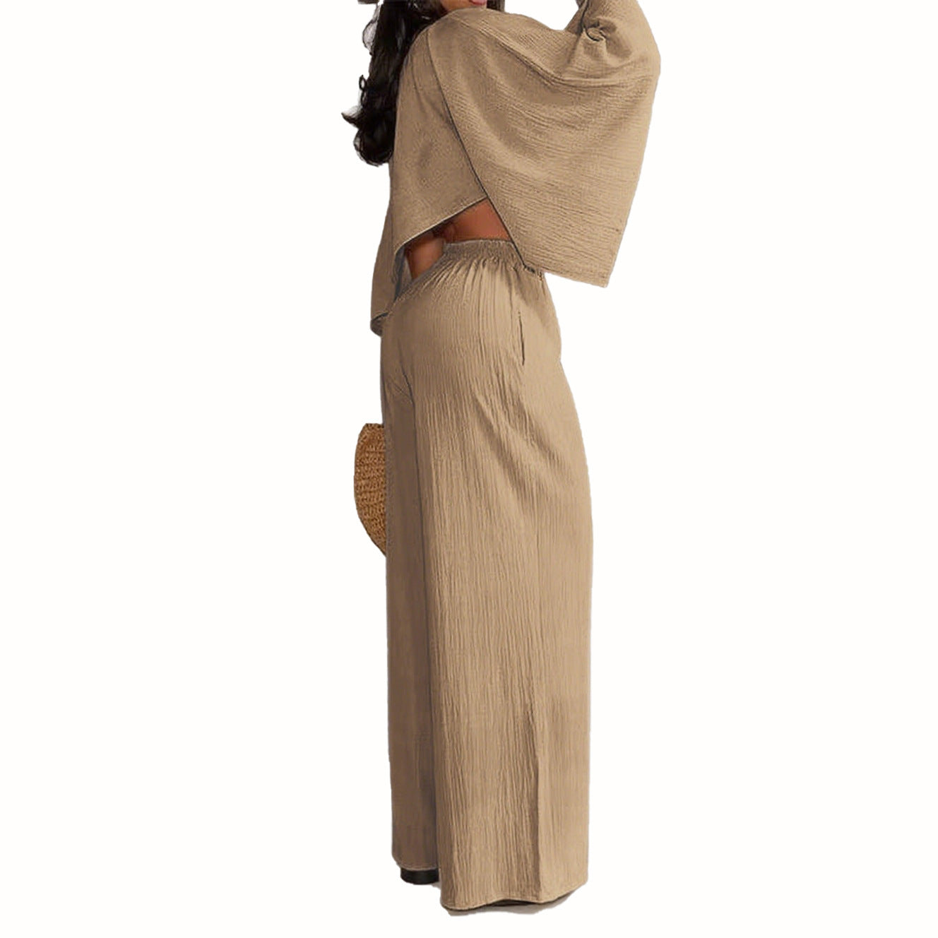 Women's Fashion Sexy Beach Holidays Solid Slash Shoulder Irregular Top with Elastic Waist Pockets Long Pants Set 28