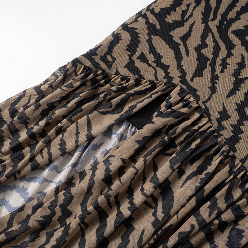 Women's Summer Sexy Strapless Tiger Print Slit Slim Long Dress 13