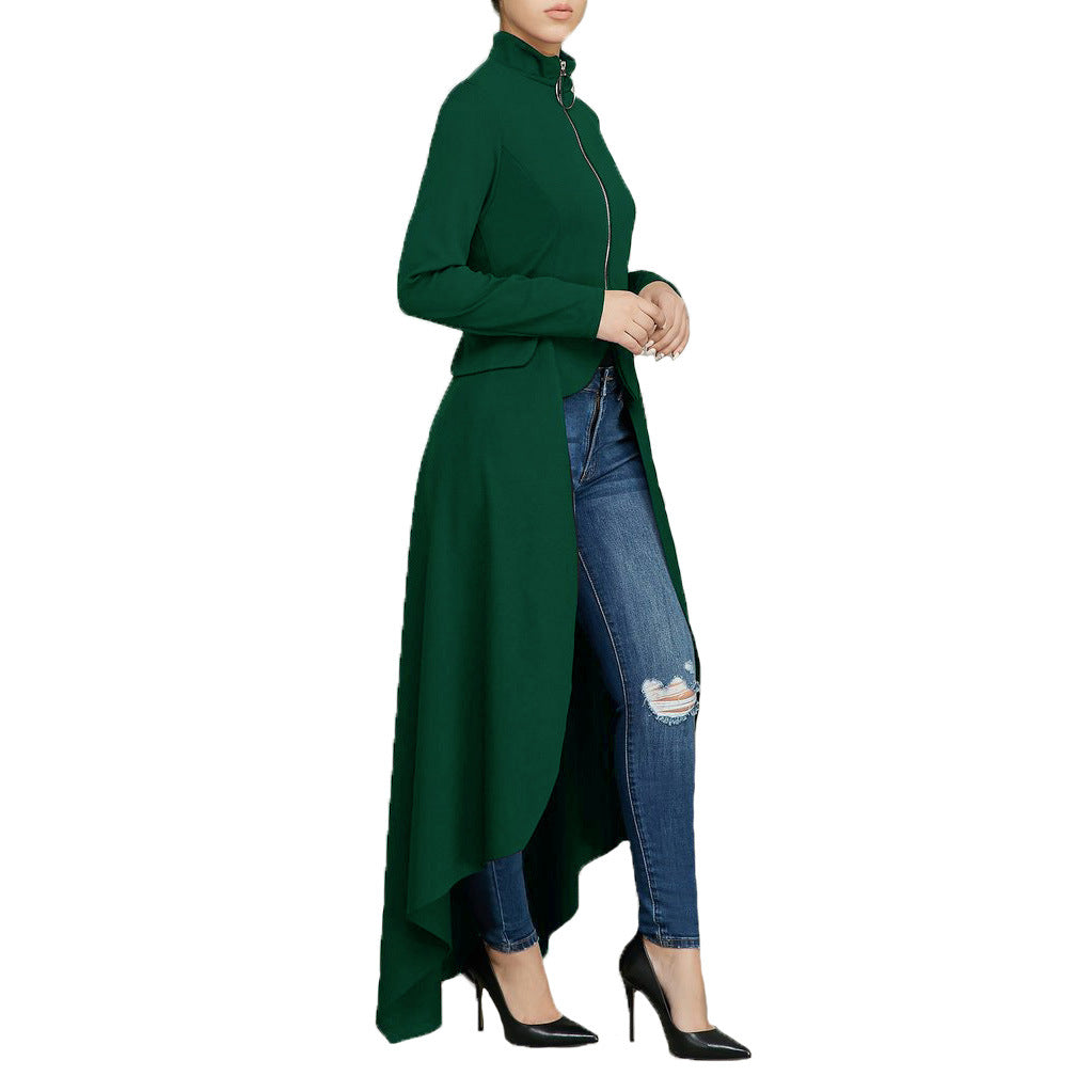 Spring Long-Sleeved High-Neck Slim Zipper Irregular Long Dress 60