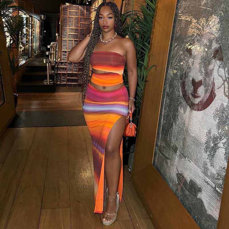 Summer Gradient Print Sexy Strapless Slim Two Piece Skirt Set 3