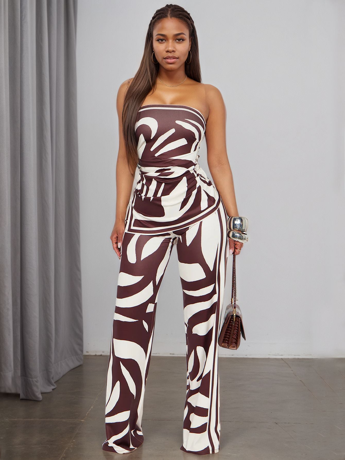 Women Sexy Slit Strapless Top Long Pants Two-piece Set 4