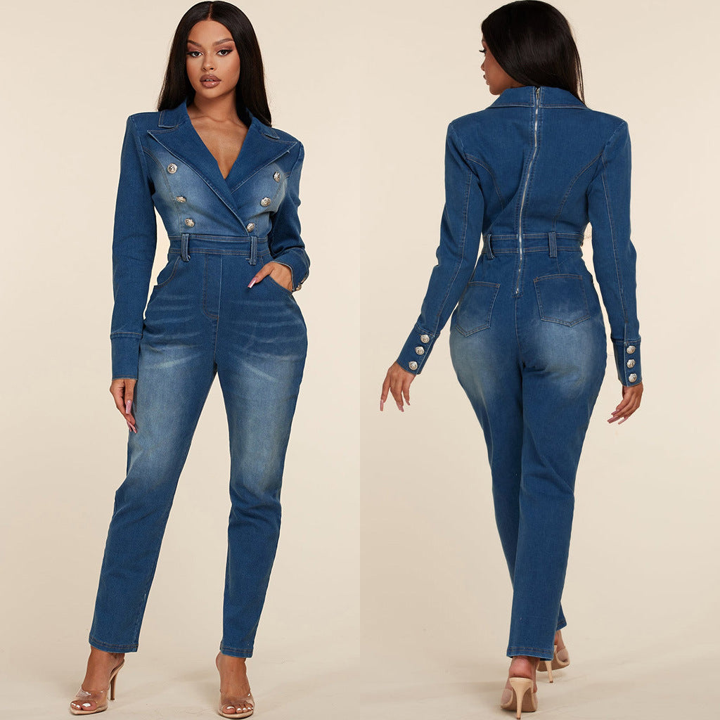 Women Turndown Collar Button Denim Jumpsuit 3