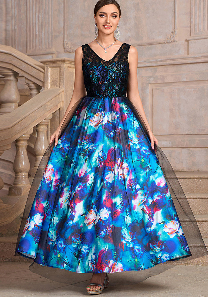 Women blue sleeveless v-neck printed black mesh patchwork flower print dress
