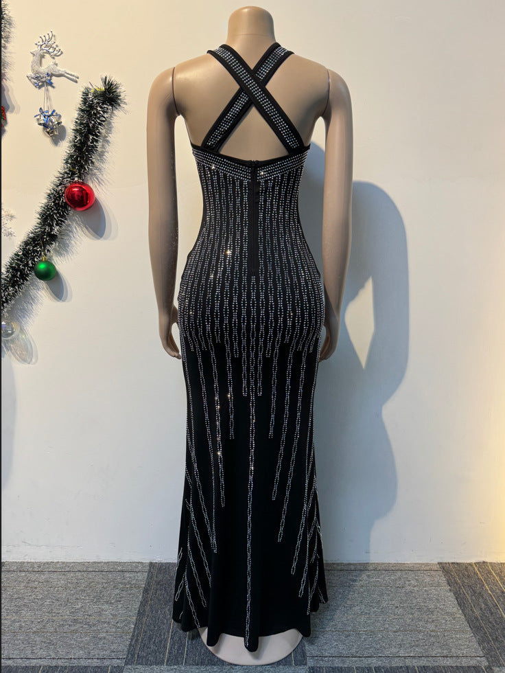 Sexy Beaded V-Neck Sleeveless Slim Elastic Long Dress 9