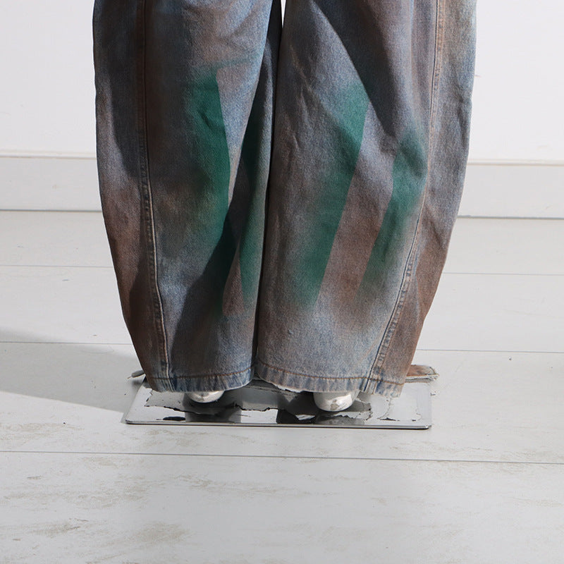 Women Tie Dye Loose Loose Multi Pockets Graffiti Cargo Denim 19