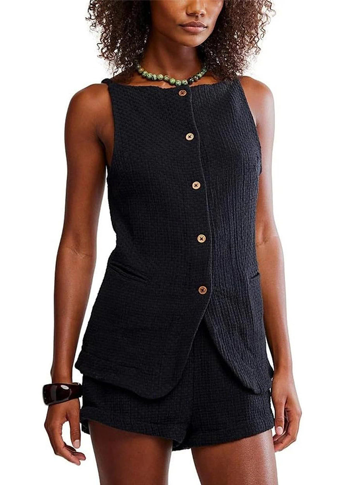 Women's Fashion Casual Button-Up Vest & Shorts Set