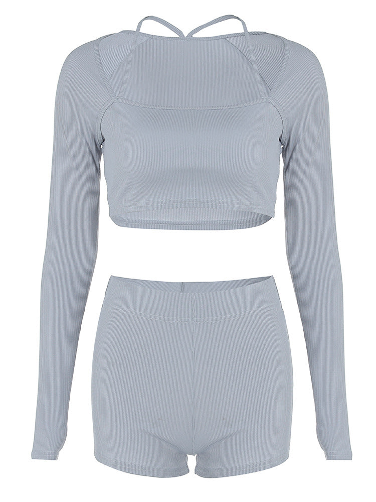 Autumn And Winter Women's Knitting Ribbed High Stretch Sports And Fitness Two-Piece Shorts Set For Women 7