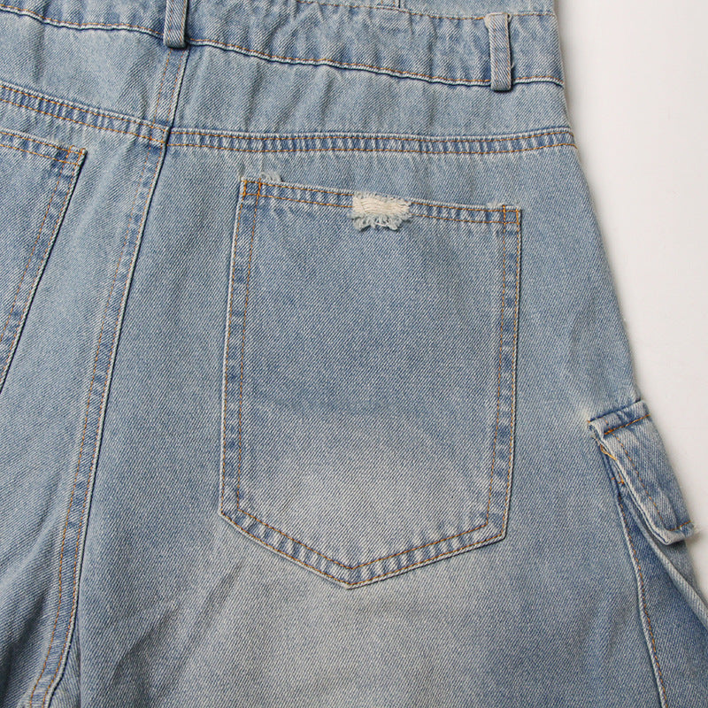 Women Street Style Strapless Pockets Denim Cargo Jumpsuit 10