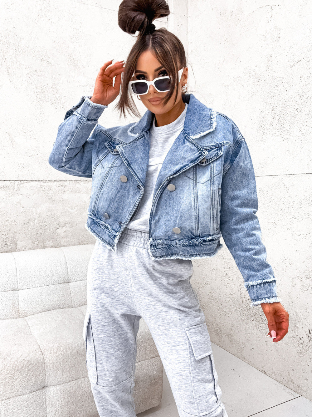 Women Collar Washed Raw Edge Denim Long Sleeve Jacket 5