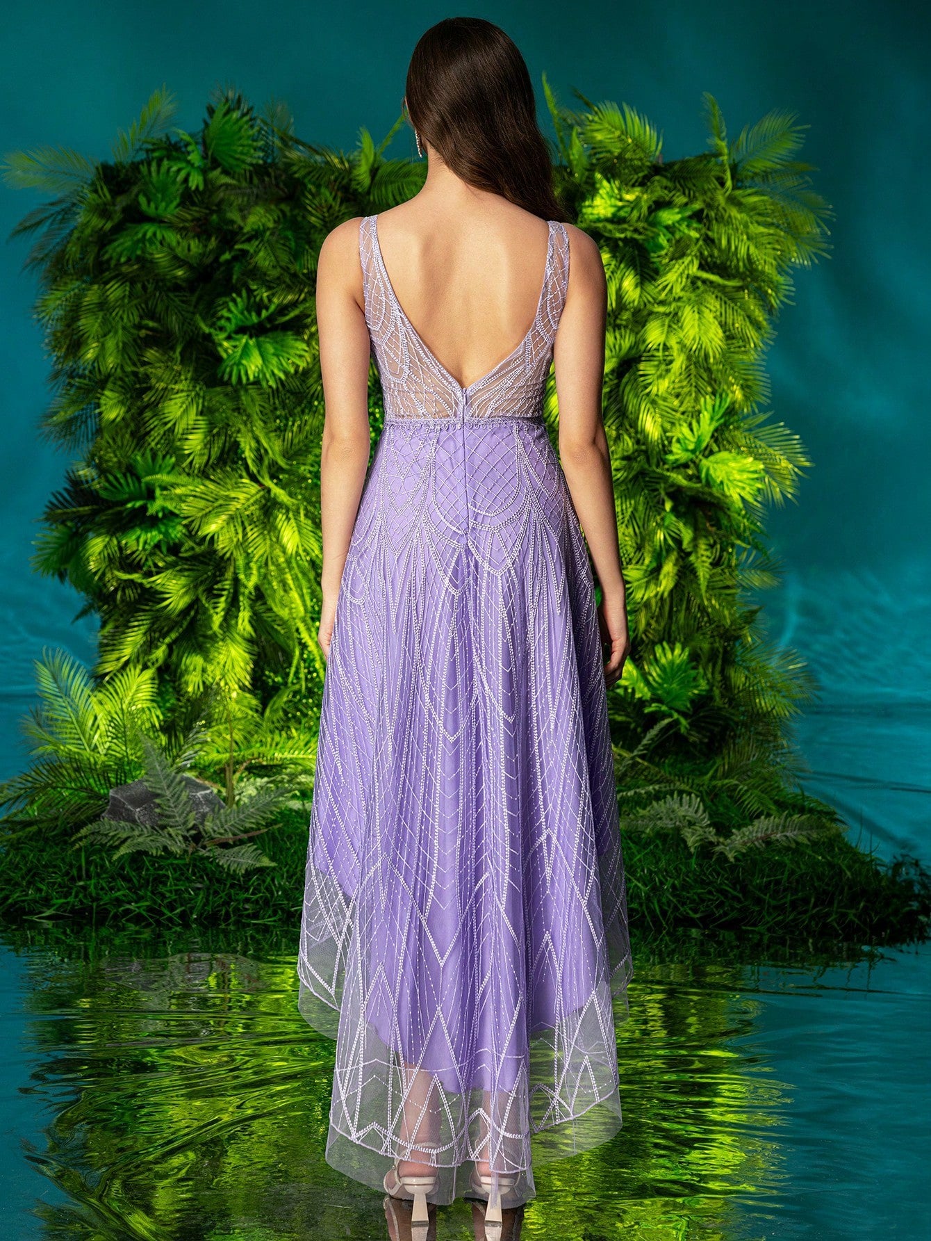 Women Spring and Summer Mesh Embroidery V Neck Sexy Formal Party Dress 5