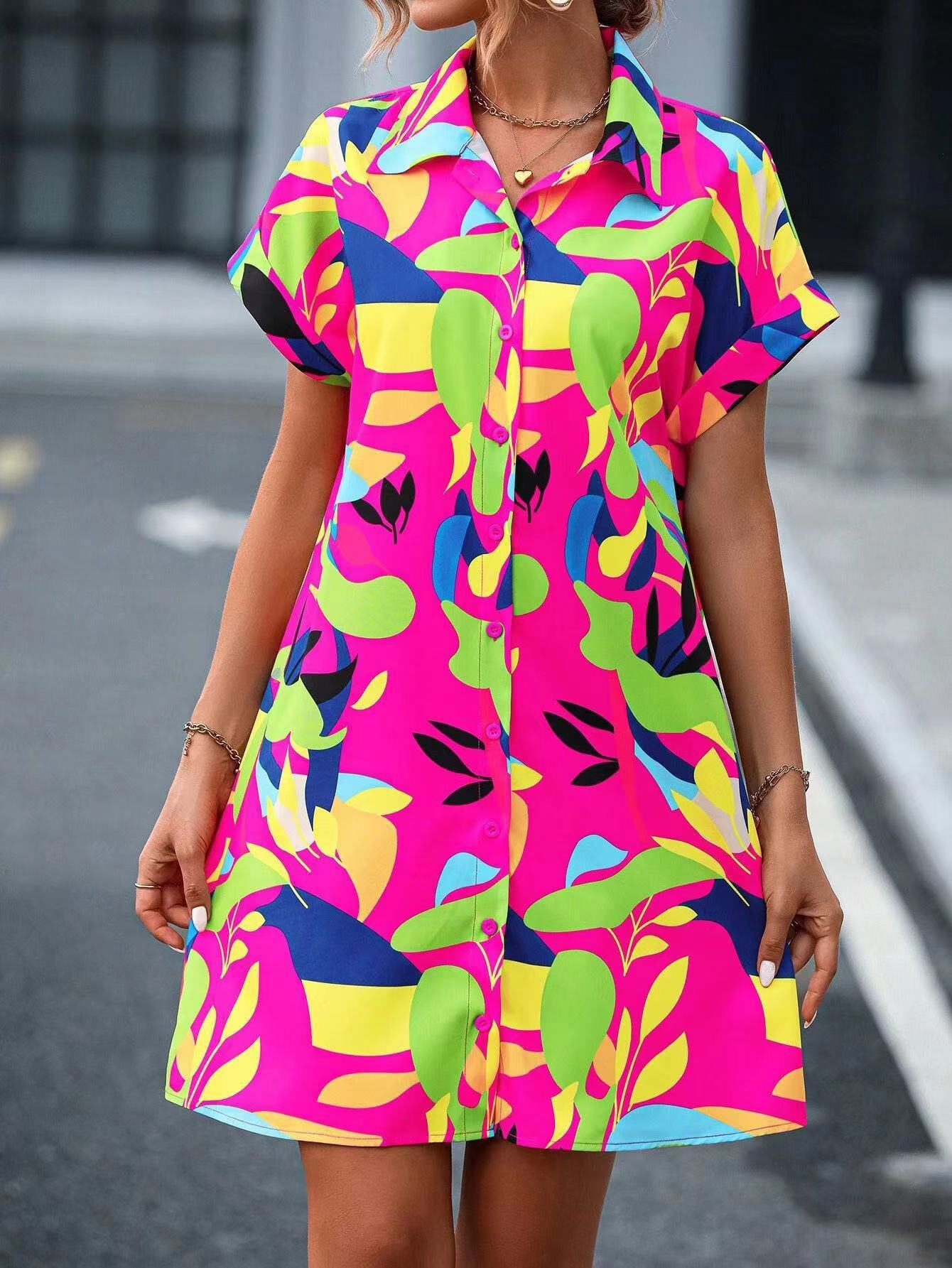 Women Printed Button Casual Short Sleeve Shirt Dress 7