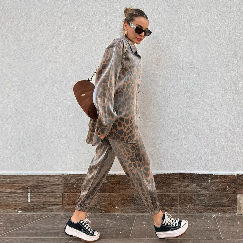 Women Casual leopard print shirt and Pants two-piece set 3