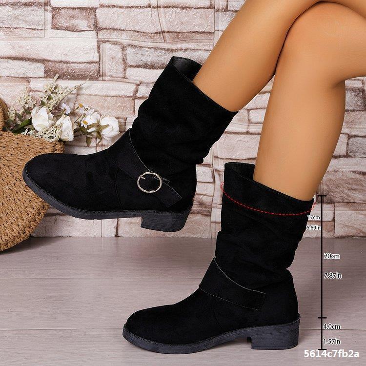 Plus-Size Women Autumn/Winter Suede Pleated Block-Heeled Ankle Boots 5