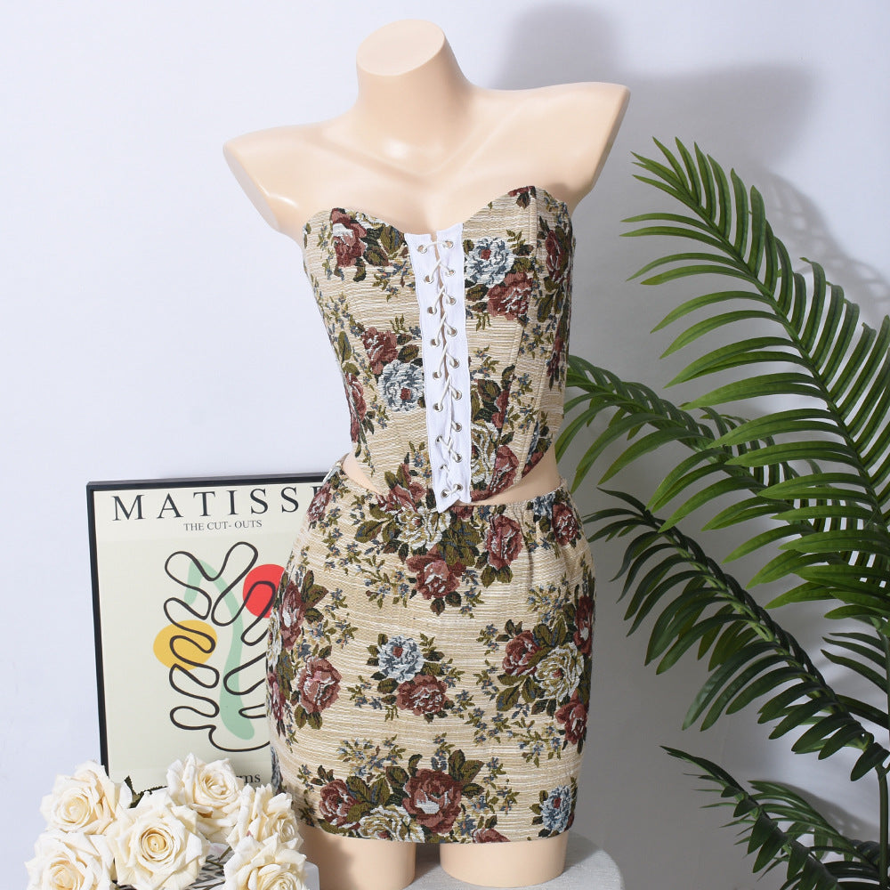 Summer Slim Contrast Low-Back Lace-Up Jacquard Skirt Set for Women 8