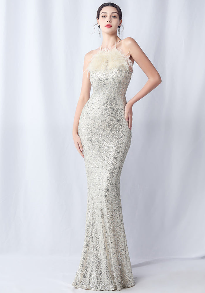 Feather Beaded Plaid Sequin Dinner Party Evening Dress