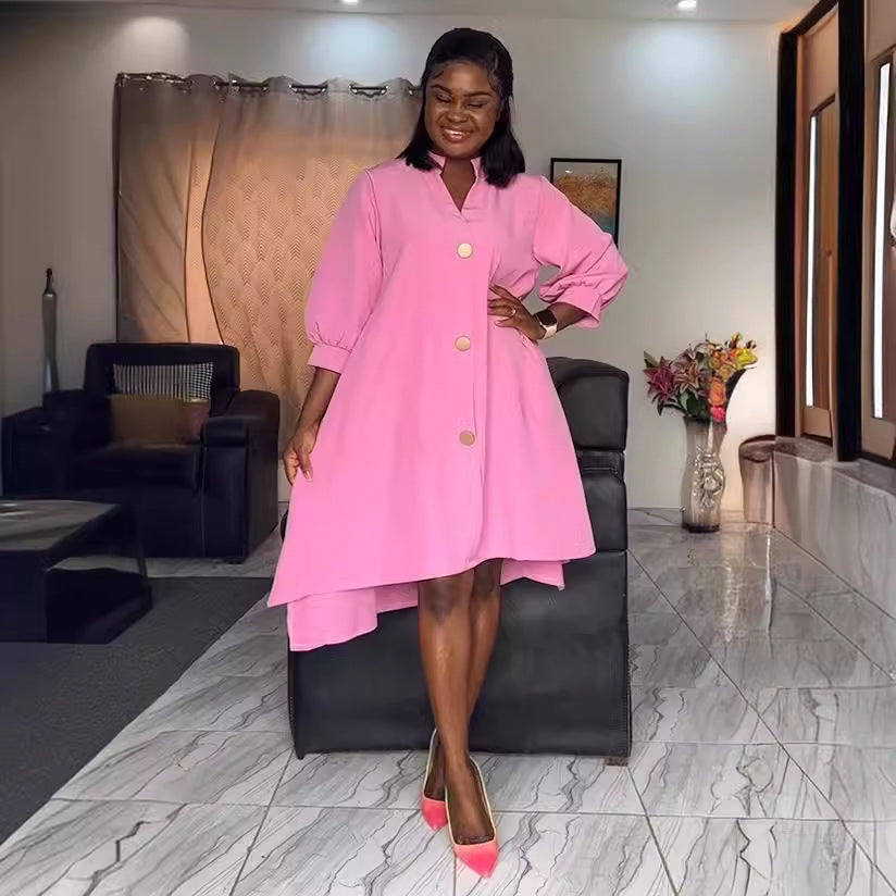 Women Solid Irregular Lantern Sleeve Dress 6