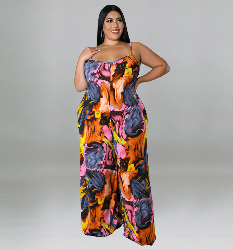 Plus Size Women summer suspender print Jumpsuit with belt