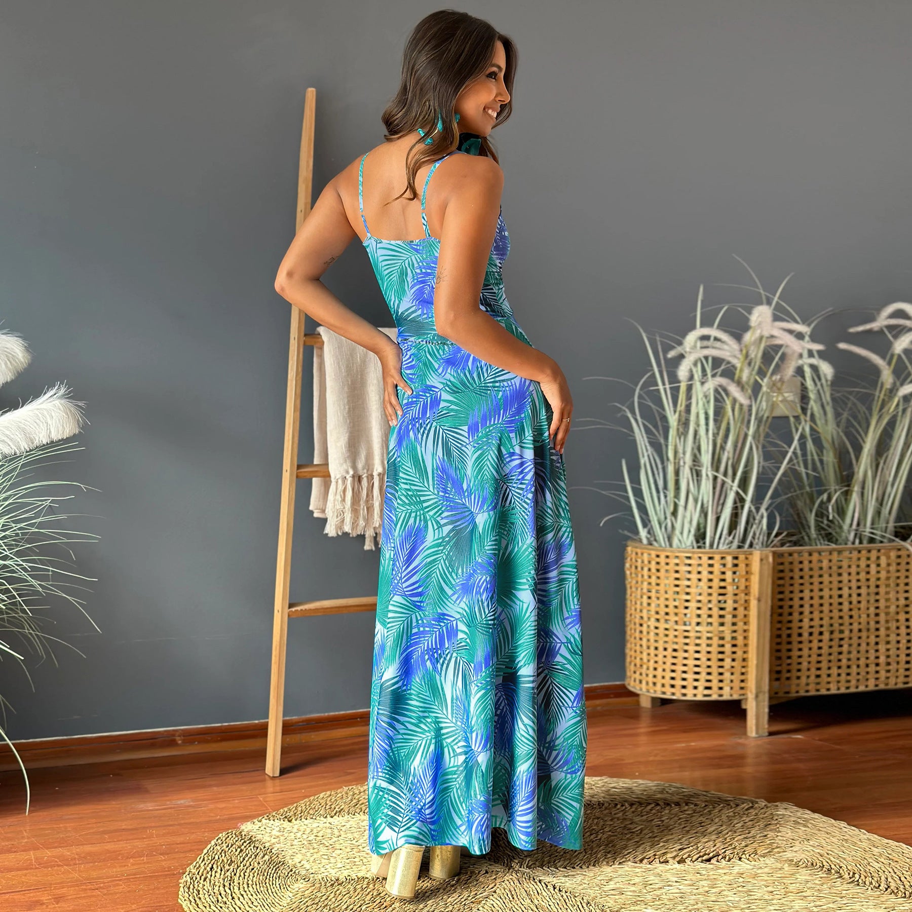 Summer Fashion Women Strap v-Neck Print Chic Elegant Long Dresses 5