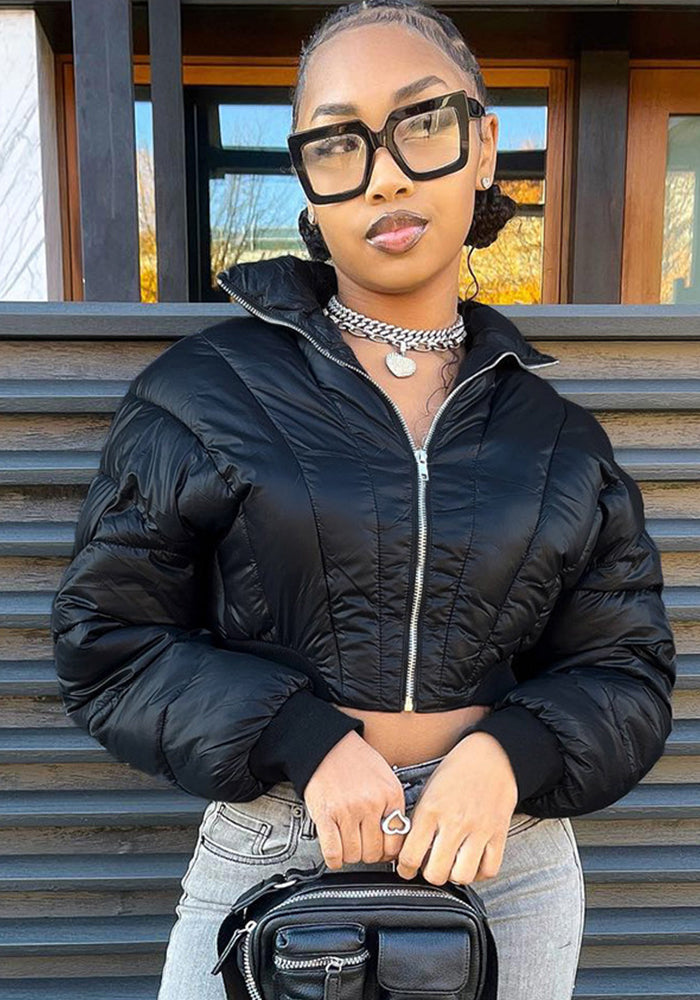 Women Black Crop Padding Jacket