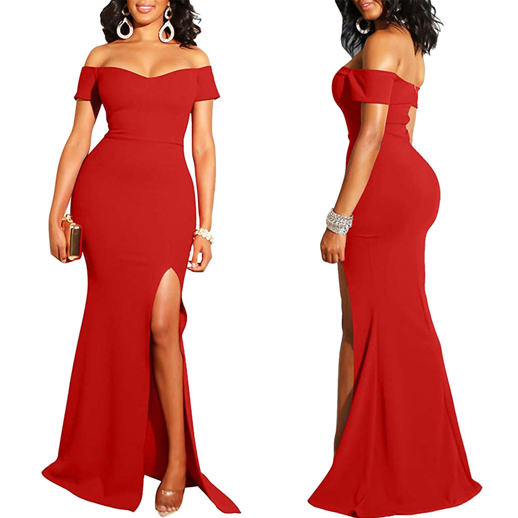 Sexy Fashion Solid Color Off Shoulder Split Dress 3