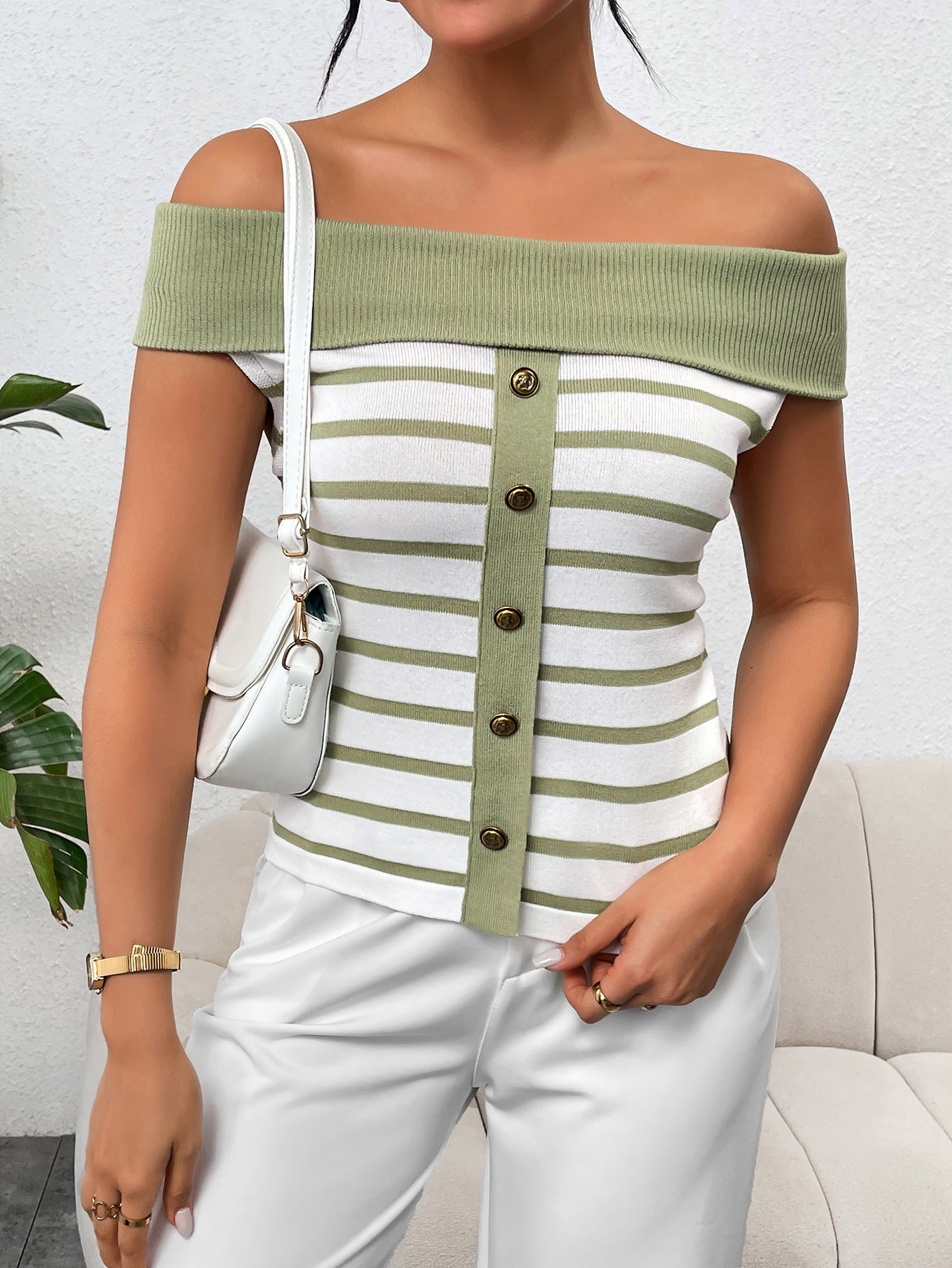 Spring/Summer Women's Fashion Long-Sleeve Striped Off-Shoulder Knit Top 30