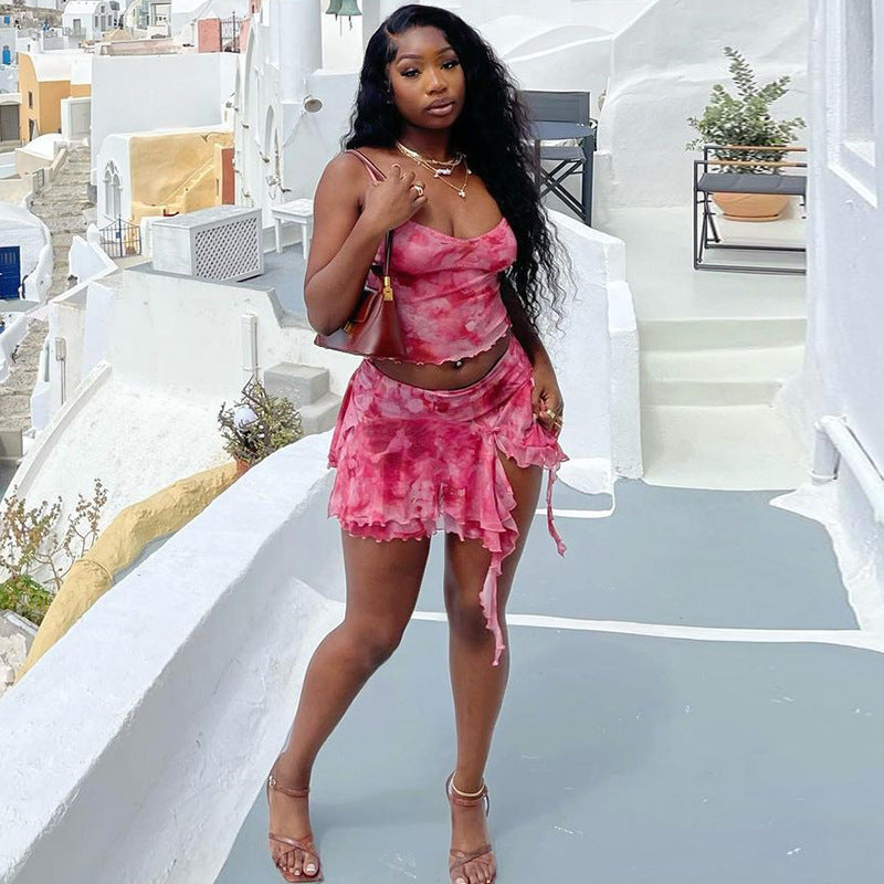 Women Mesh Printed Sexy Tank Top Slit Short Skirt Two-Piece Set