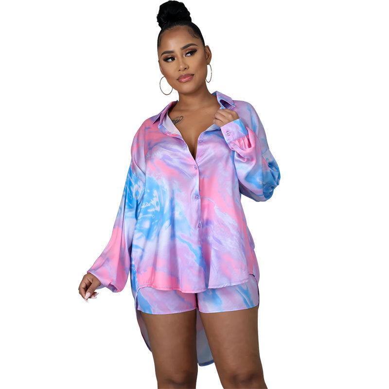 Women Chic Print Long Sleeve Shirt + Shorts Two Piece Set 5