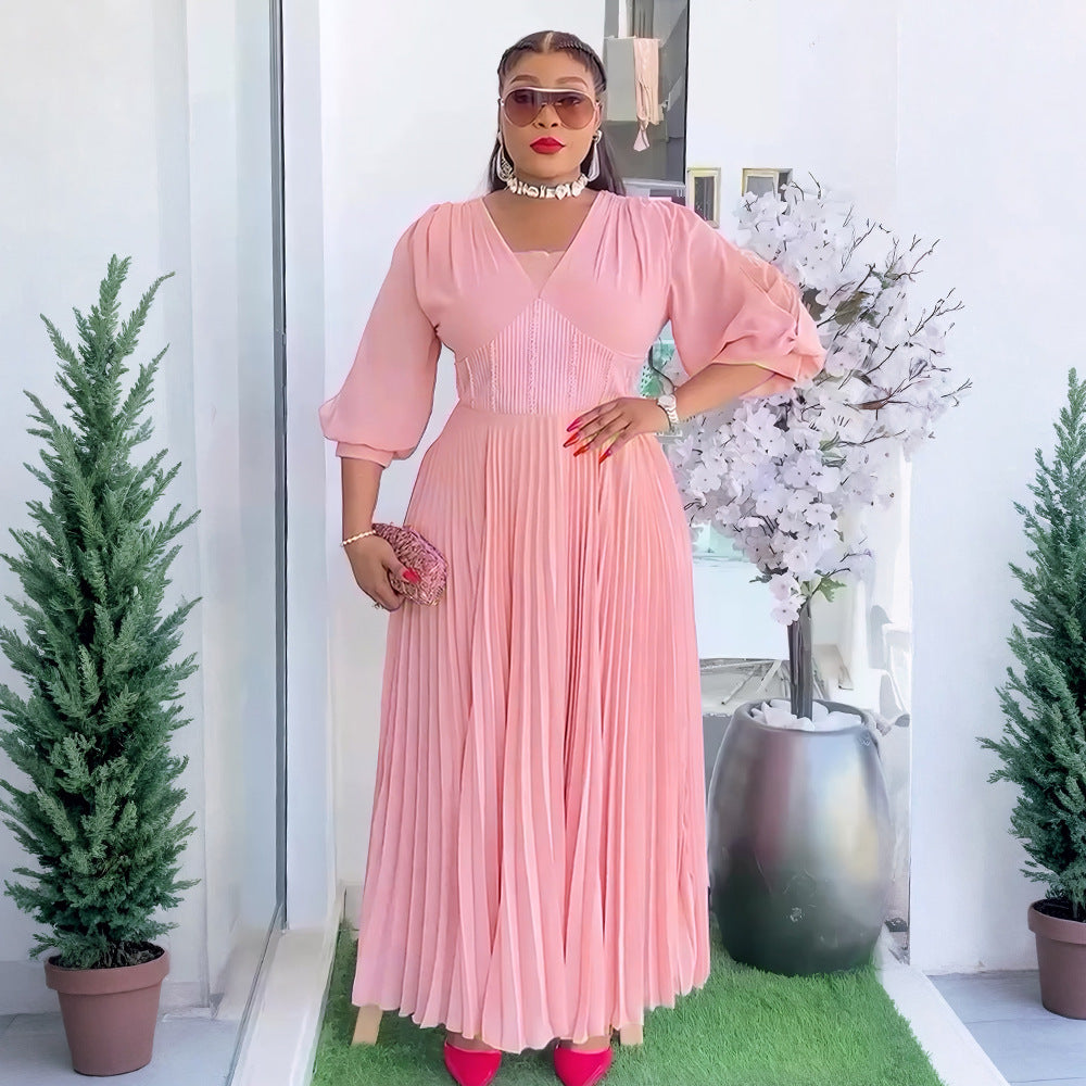 Plus Size African Women elegant v-neck pleated dress 3