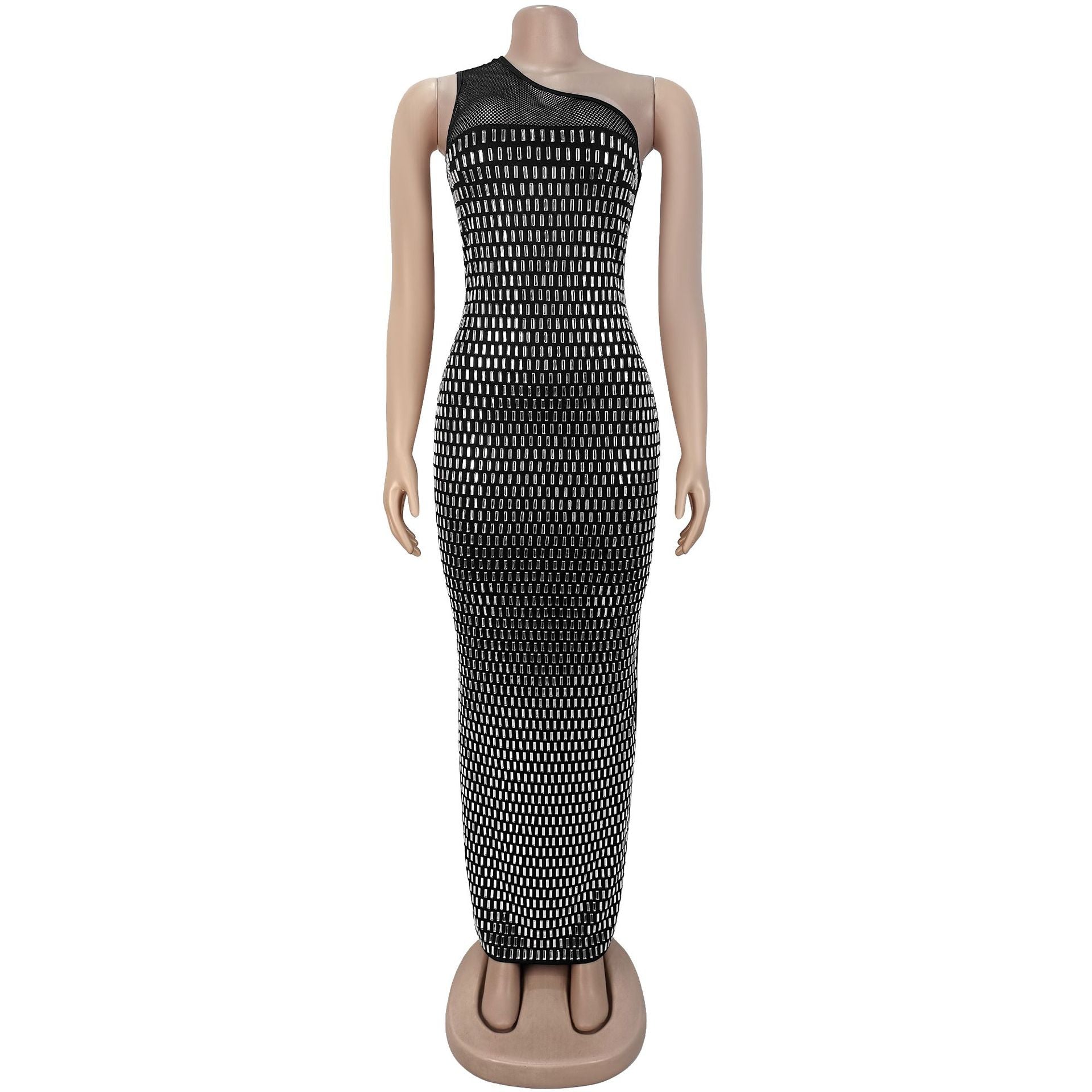 Fashion Women's Sexy Mesh Beaded Slash-Shoulder Sleeveless Long Dress 11