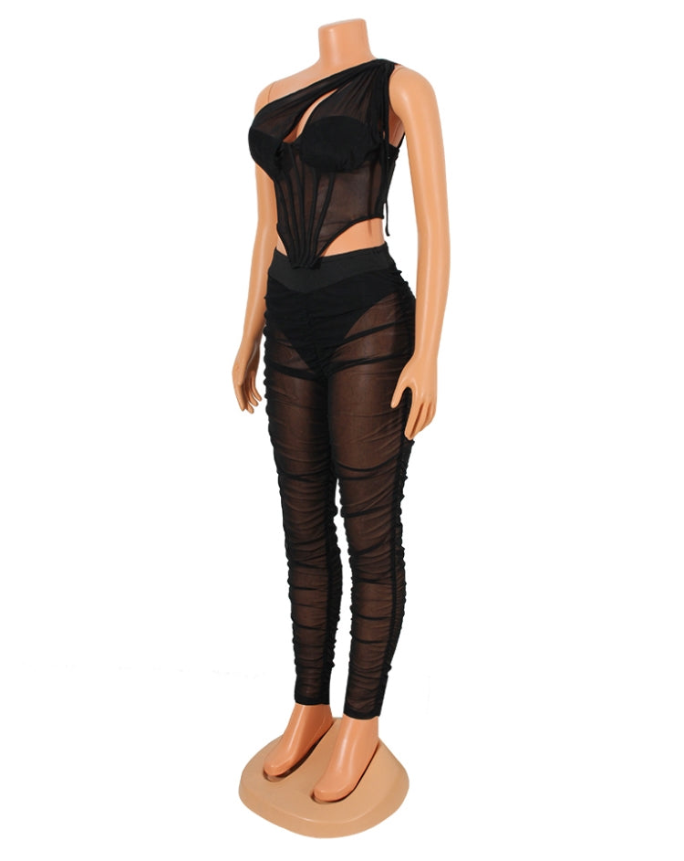 Spring Sexy Black Mesh See Through One Shoulder Sleeveless Corset Top and Ruched Pants Set Wholesale 2 Piece Sets 5